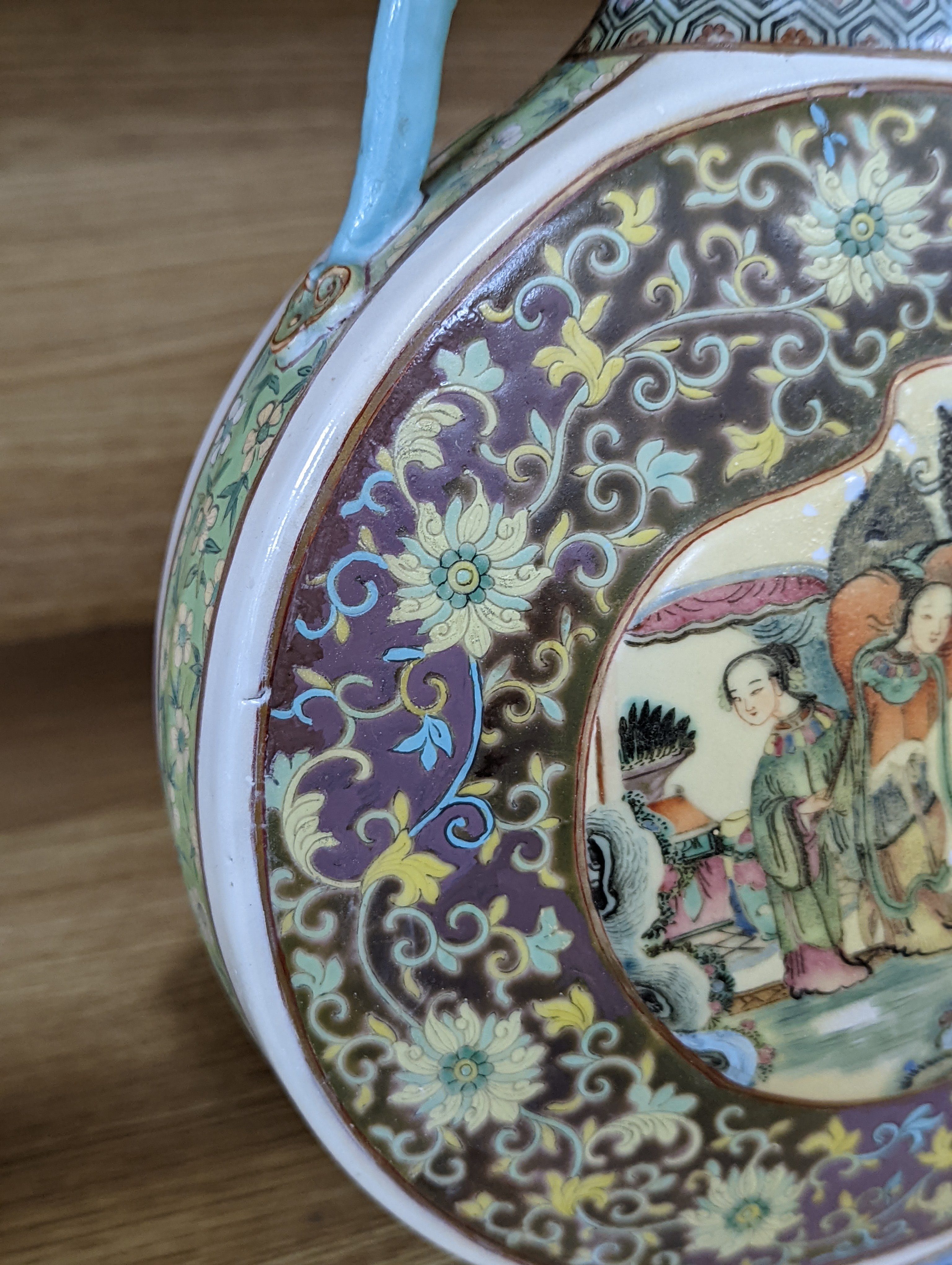 A Chinese famille rose moon flask, 19th century, restored 27cm